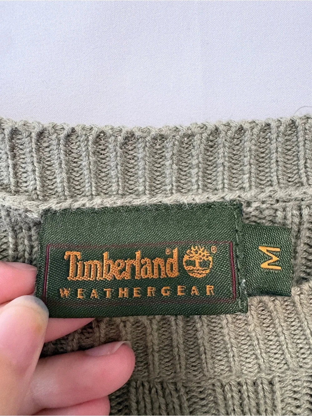 Vintage Timberland Men's Olive Ribbed Crewneck Sweater
